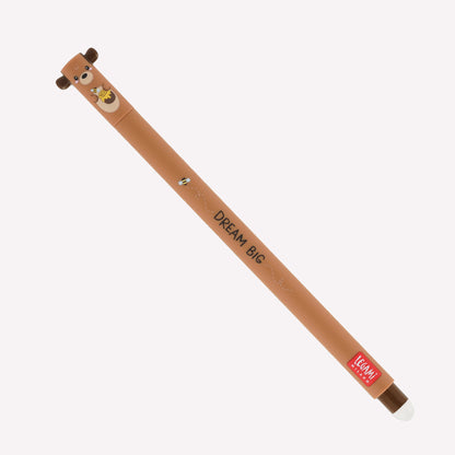 Legami erasable bear gel pen with a brown barrel, red ink and bear ears, printed with a bee and honey pot, and the message "dream big". 