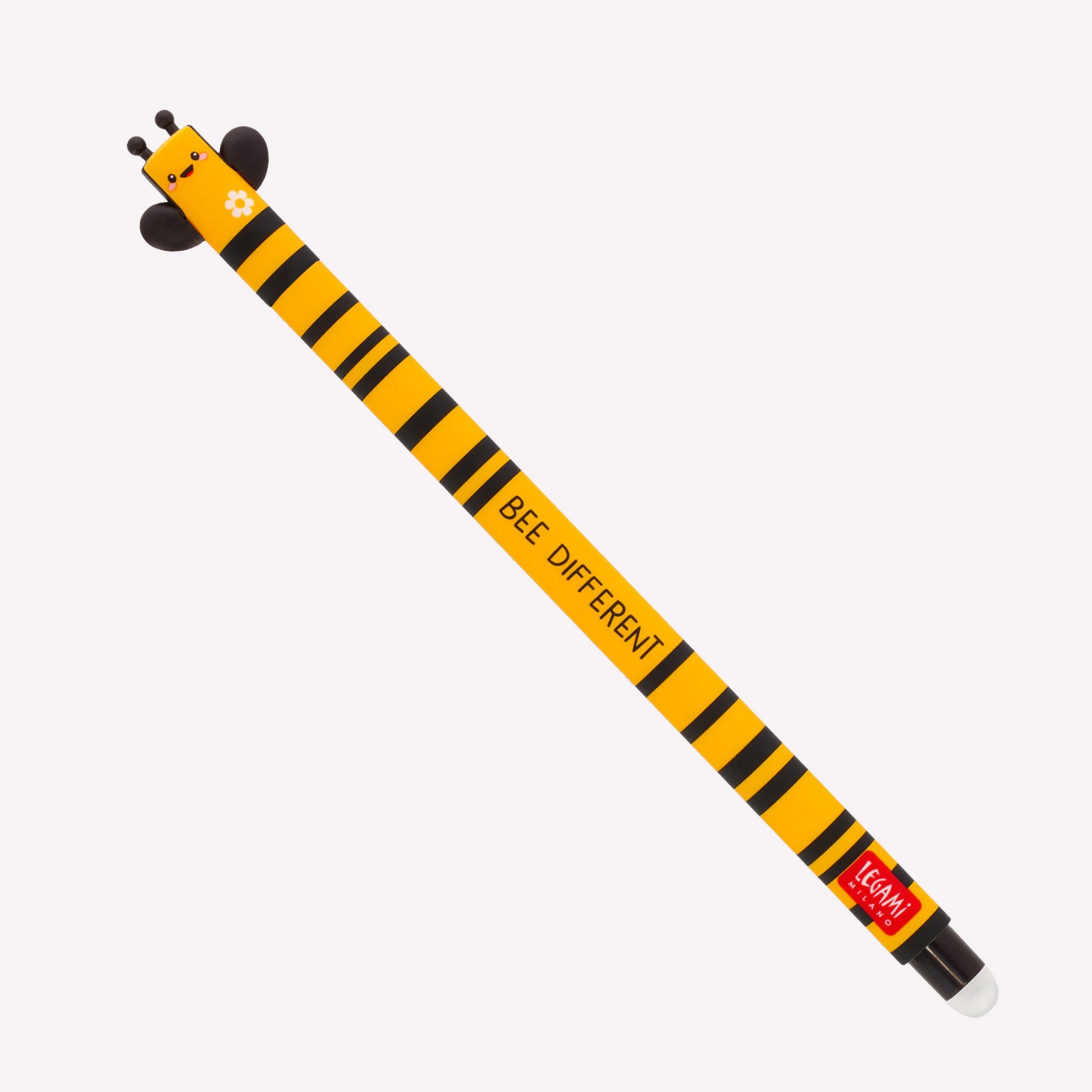 Legami erasable Bee gel pen with a yellow barrel and black stripes, as well as 3D wings, printed with the message "bee different". 