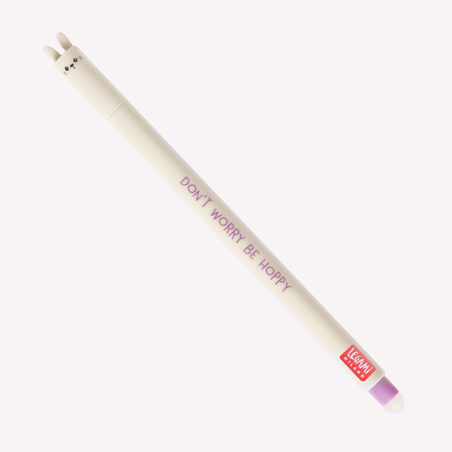 Legami erasable bunny gel pen with a white barrel, purple ink and rabbit ears, printed with the message "don't worry be hoppy". 