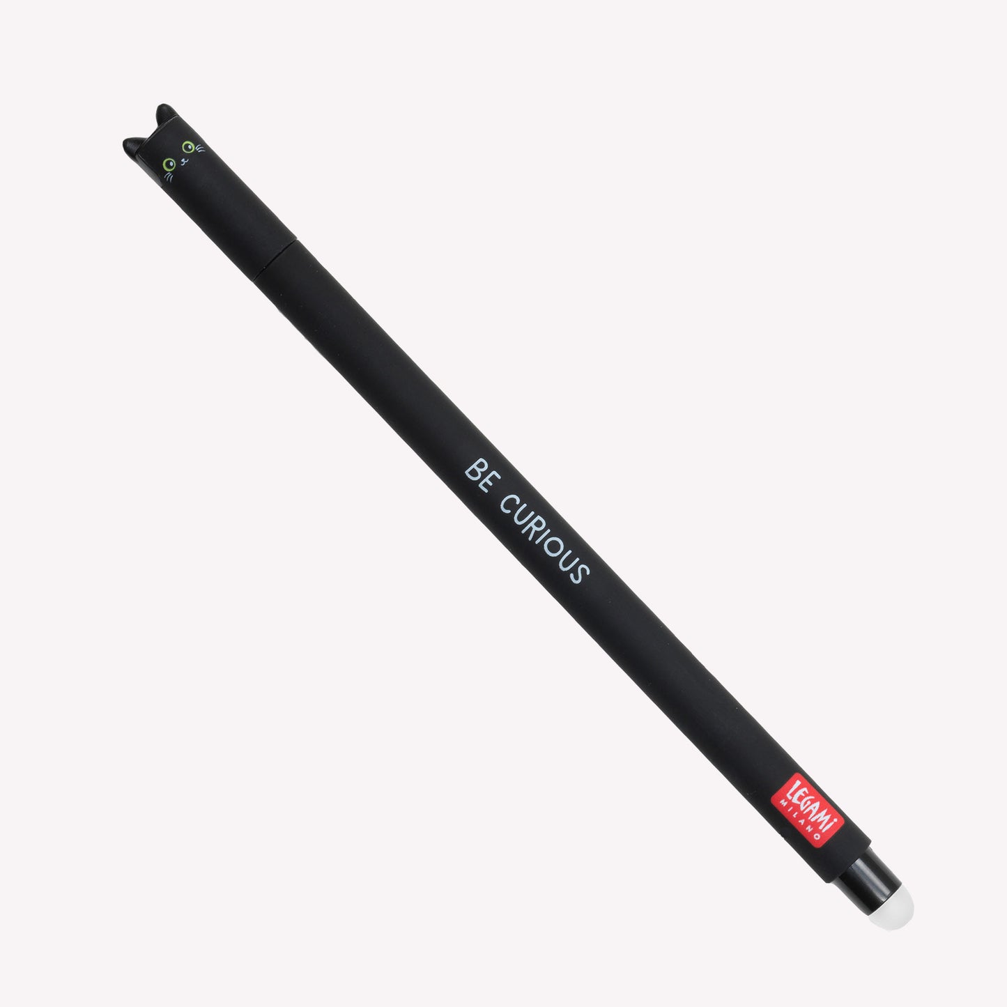 Legami erasable Cat gel pen with a black barrel and cat ears, printed with the message "be curious". 