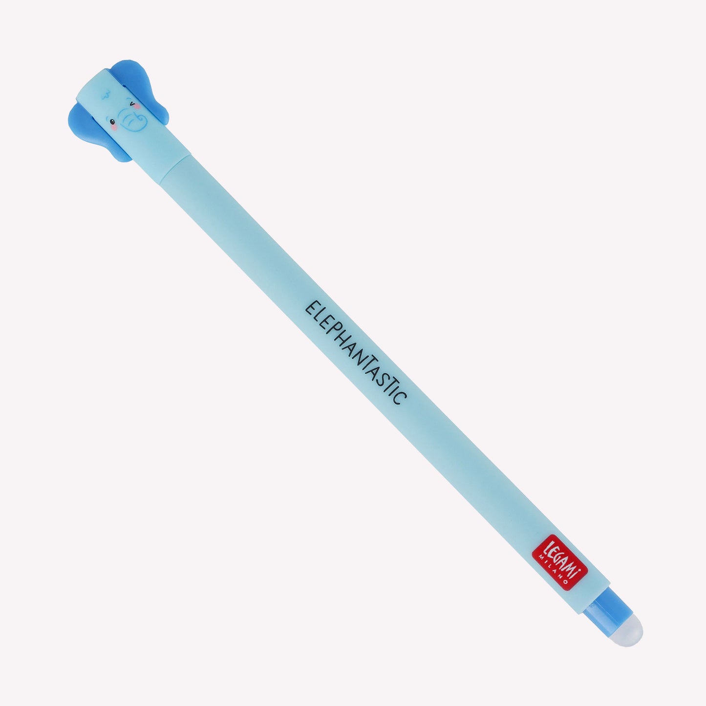 Legami erasable elephant gel pen with a blue barrel, blue ink and elephant ears, printed with the message "elephantastic". 