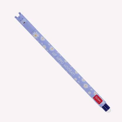 Legami erasable Hippo gel pen with a lilac barrel and floral pattern, as well as 3D ears, printed with the message "hip hippo hooray". 