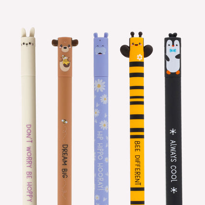 Close up of Legami erasable gel pens showing the cute animal faces on the pen cap (rabbit, bear, hippo, bee and penguin) and the motivational message printed on the barrel.