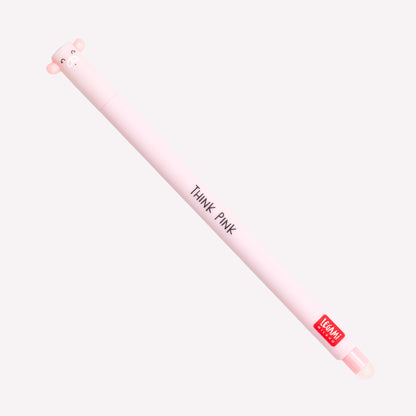 Legami erasable pig gel pen with a pink  barrel, pink ink and pig ears, printed with the message "think pink". 