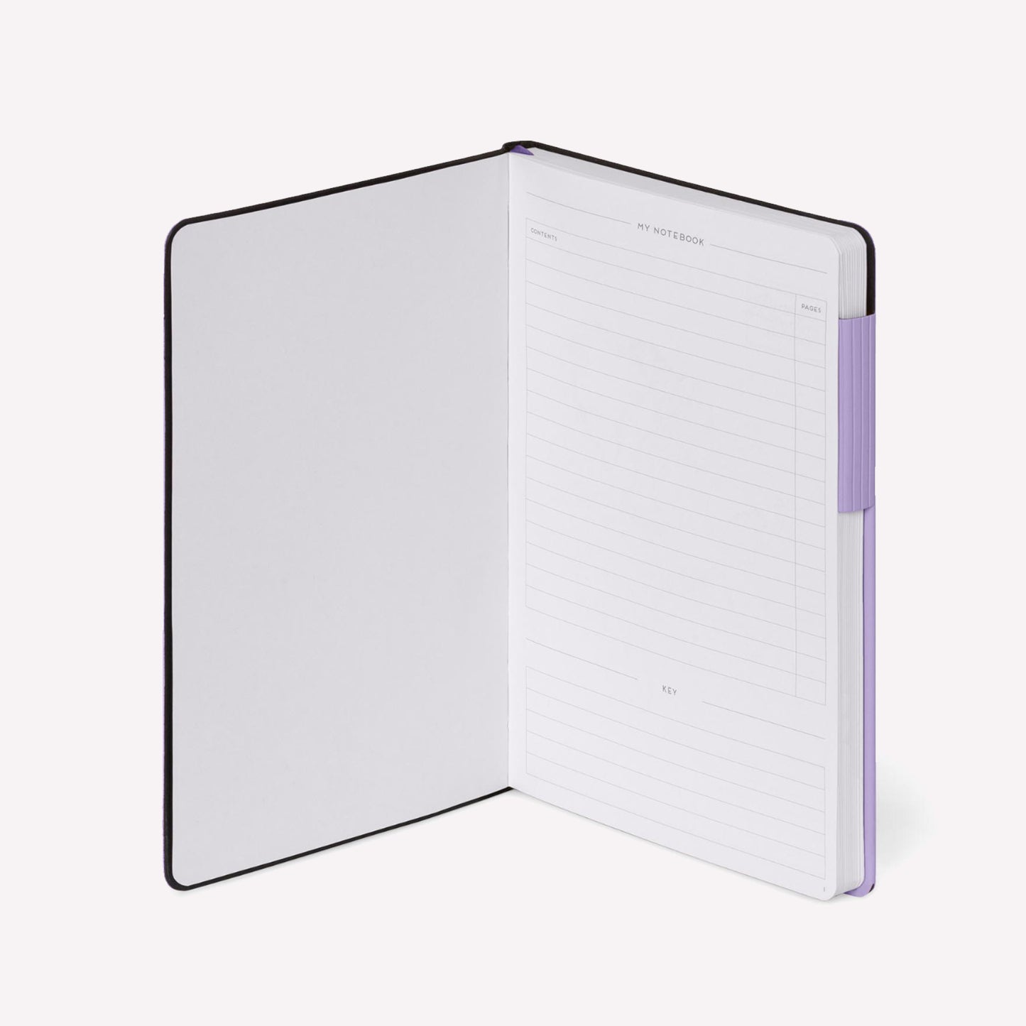 Legami "my notebook" dotted bullet journal with lavender cover open to show contents page. 