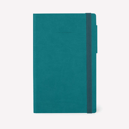 Legami "my notebook" dotted bullet journal notebook with a flexible malachite green cover and elastic closure. 