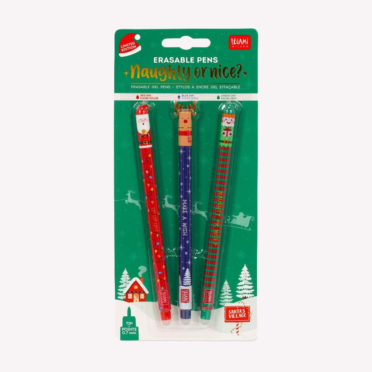 "Naughty or Nice" limited edition festive erasable gel pen set made by Legami. This set of three gel pens includes Santa (red ink), a reindeer (blue ink) and an elf (green ink).