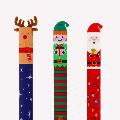 A close up of Legami's limited edition Christmas erasable gel pens. The designs are a reindeer, an elf and Santa.