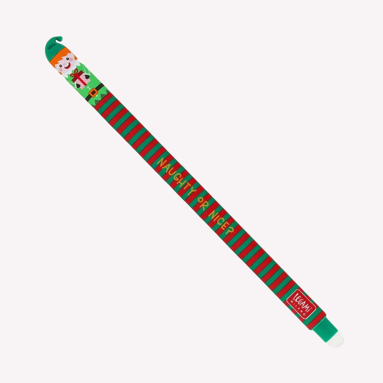 The elf design of Legami's limited edition Christmas erasable gel pen. The pen features an elf face at the top and reads "Naughty or Nice?" along the side.