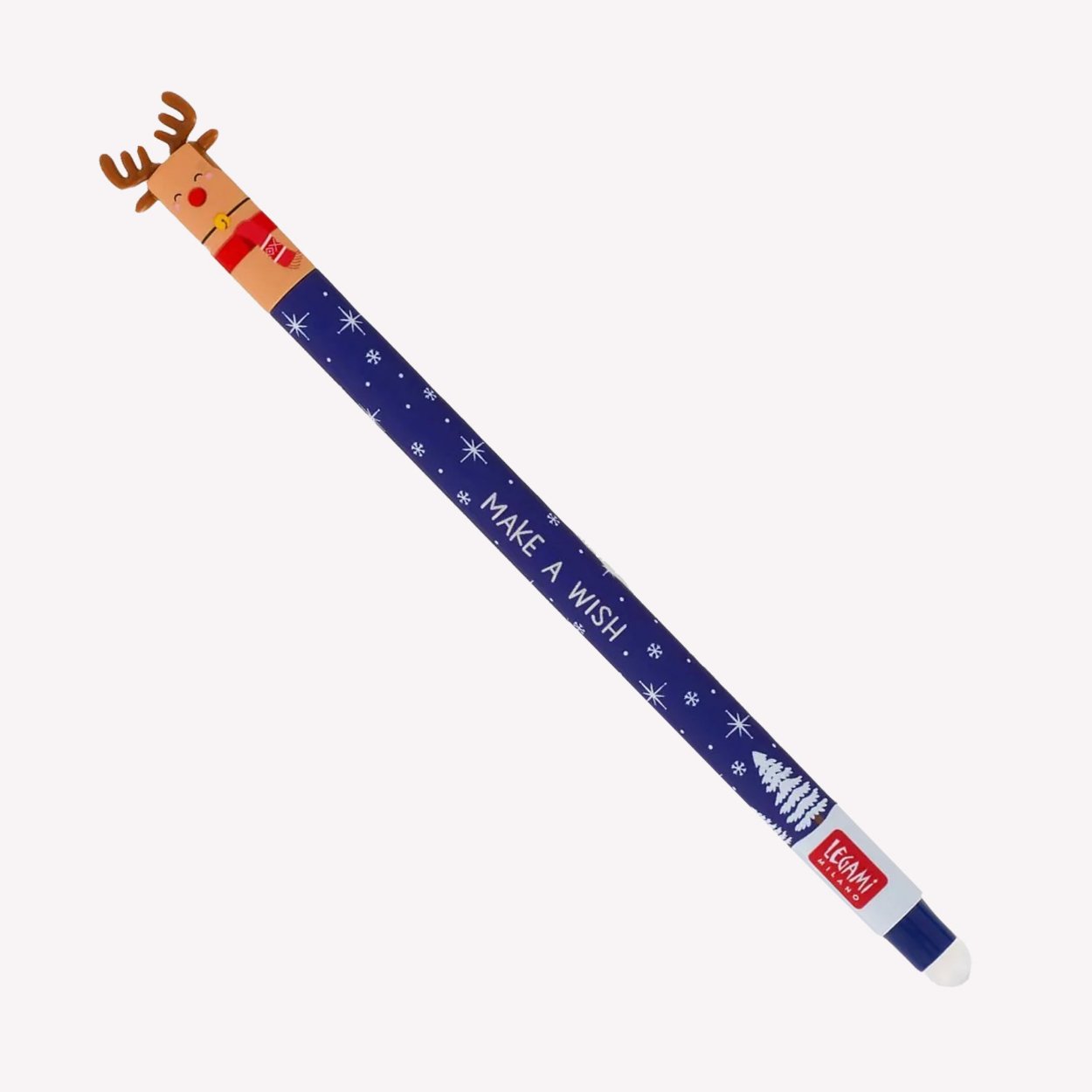 The Reindeer design of Legami's limited edition Christmas erasable gel pen. The pen features a reindeer's face at the top and reads "Make A Wish" along the side.