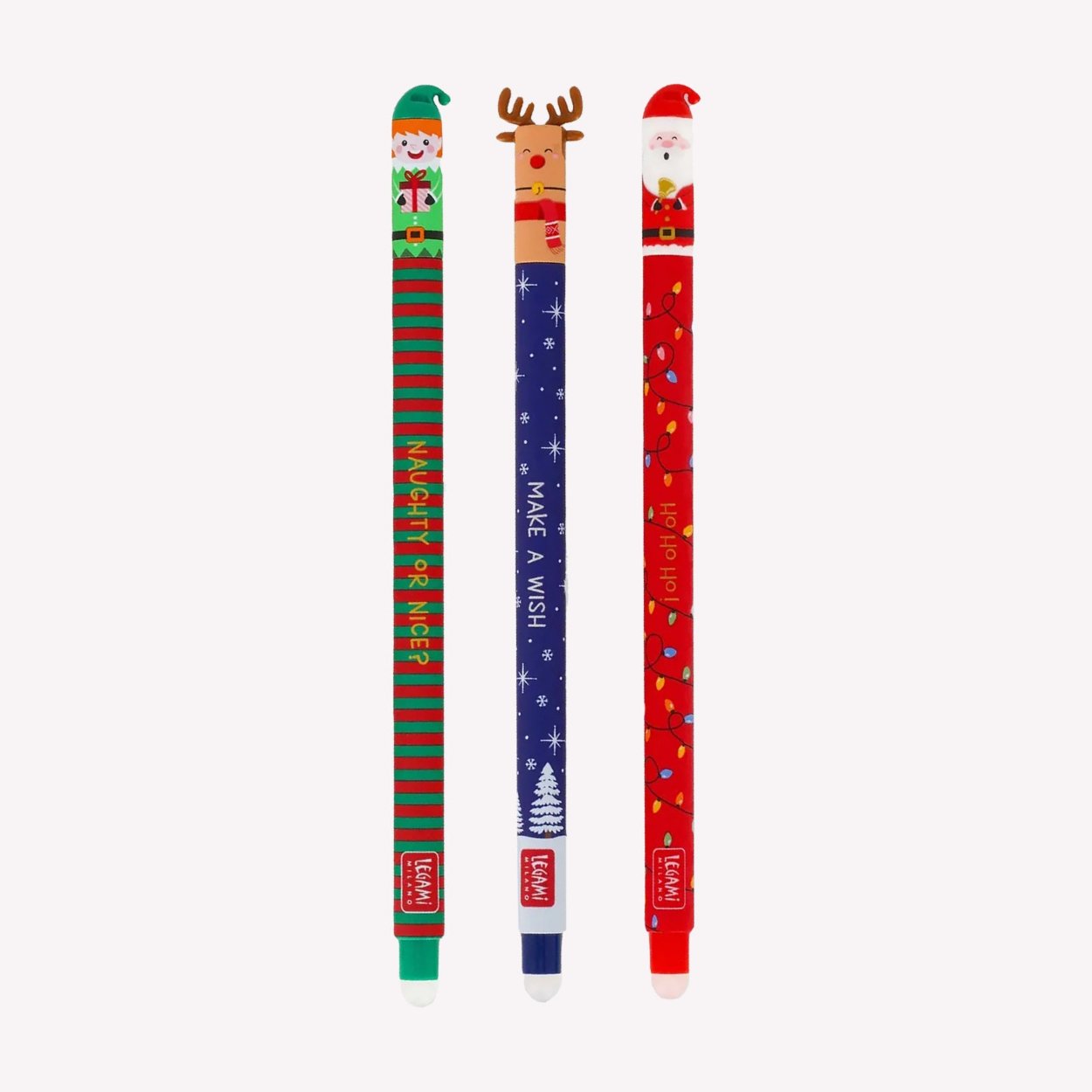 Three "Naughty or Nice" limited edition festive erasable gel pens from Legami. The three pen designs are an elf, a reindeer and Santa.