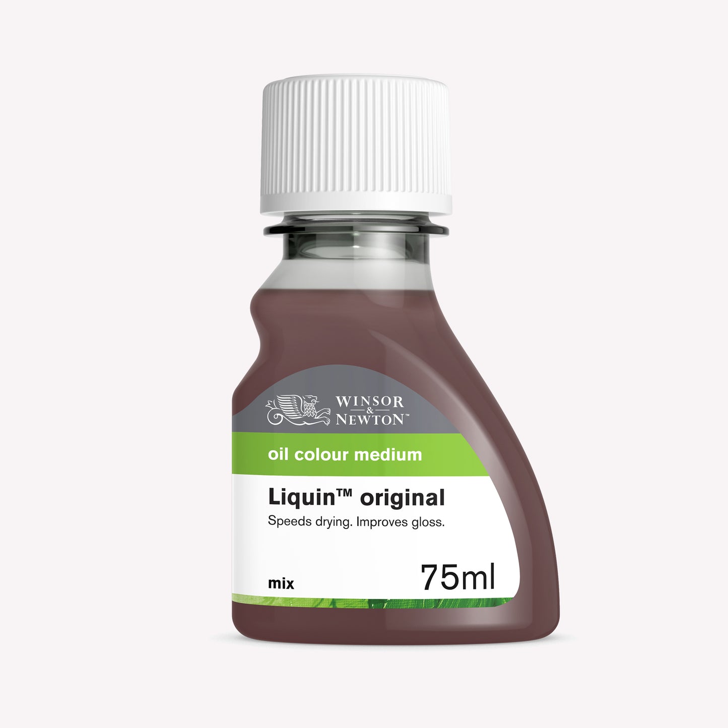 Winsor & Newton's Liquin Original is a brown liquid oil colour medium packaged in a plastic 75ml bottle.