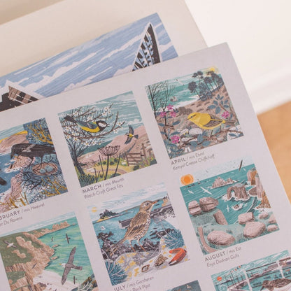 A close up of the back of Matt Johnson's 'Penwith Birds' Cornwall calendar, featuring the illustrations for each month.