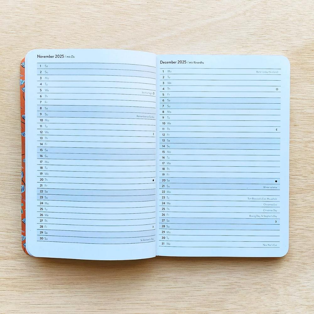 Inside Matt Johnson's Cornwall diary for 2025, showing the monthly calendar pages.