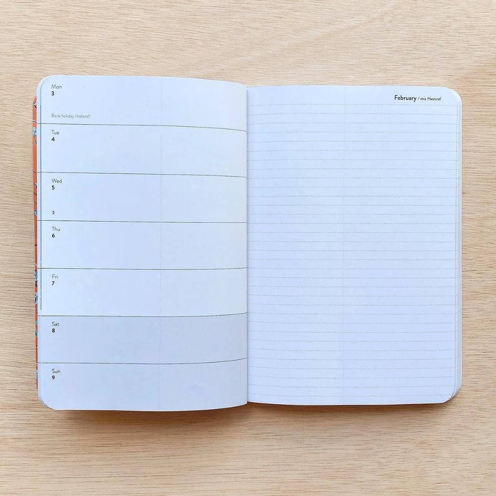 Inside Matt Johnson's Cornwall diary for 2025, showing the weekly double page spread. One page has the days of the week, with the other page lined for notes.