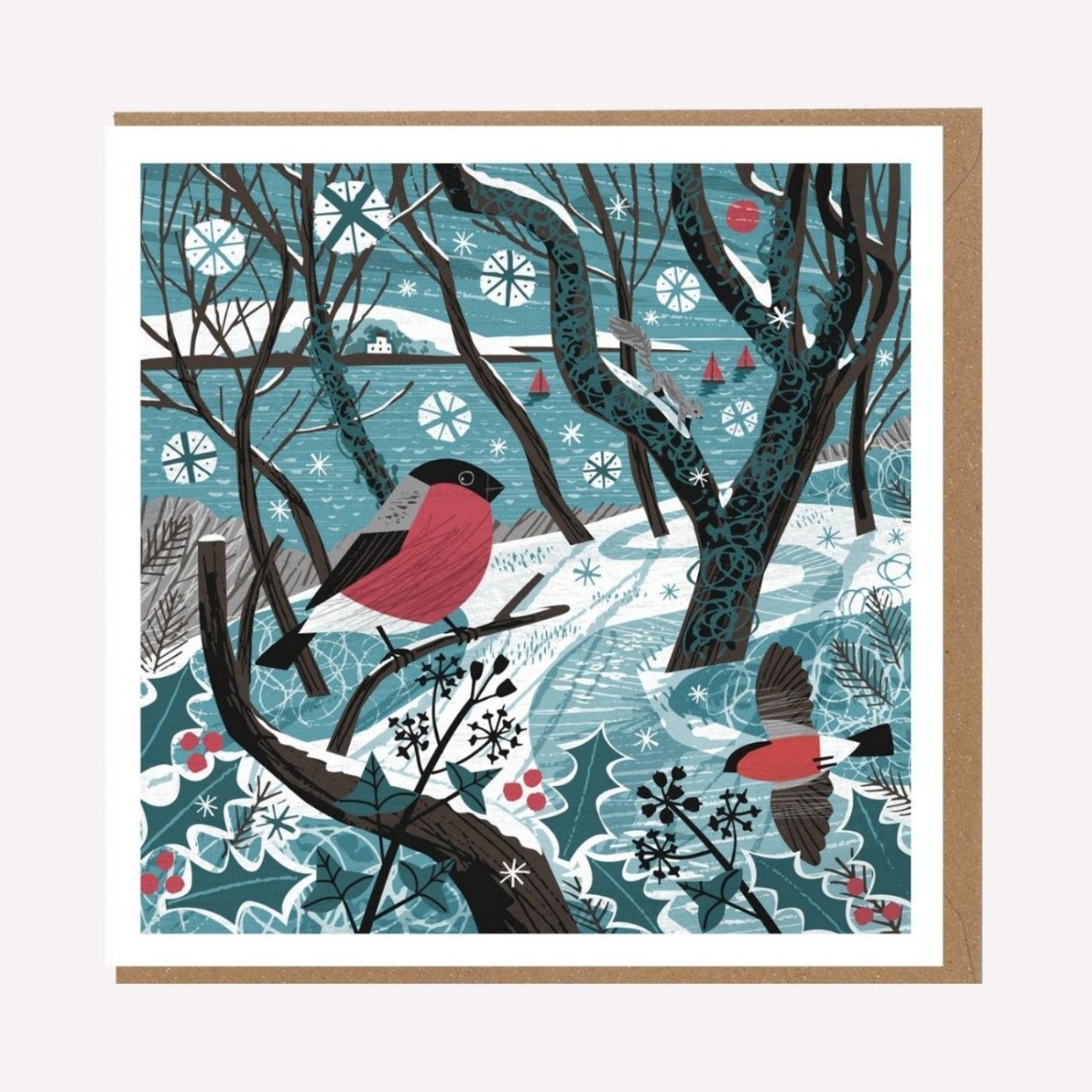 An illustrated greetings card by Matt Johnson, featuring his 'Falmouth Bullfinches' Christmas artwork. The square card is paired with a kraft brown envelope.