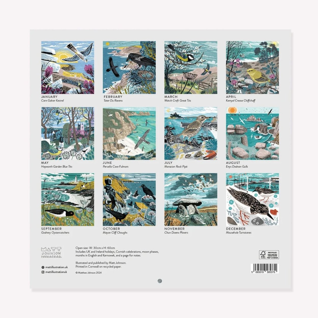 The back of Matt Johnson's 'Penwith Birds' Cornwall calendar for 2025. The illustration for each month is shown in a grid layout.