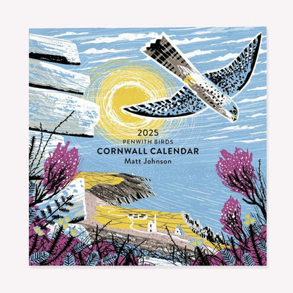 The front of Matt Johnson's 'Penwith Birds' Cornwall calendar for 2025, with a full illustration of his Carn Galver Kestrel artwork.