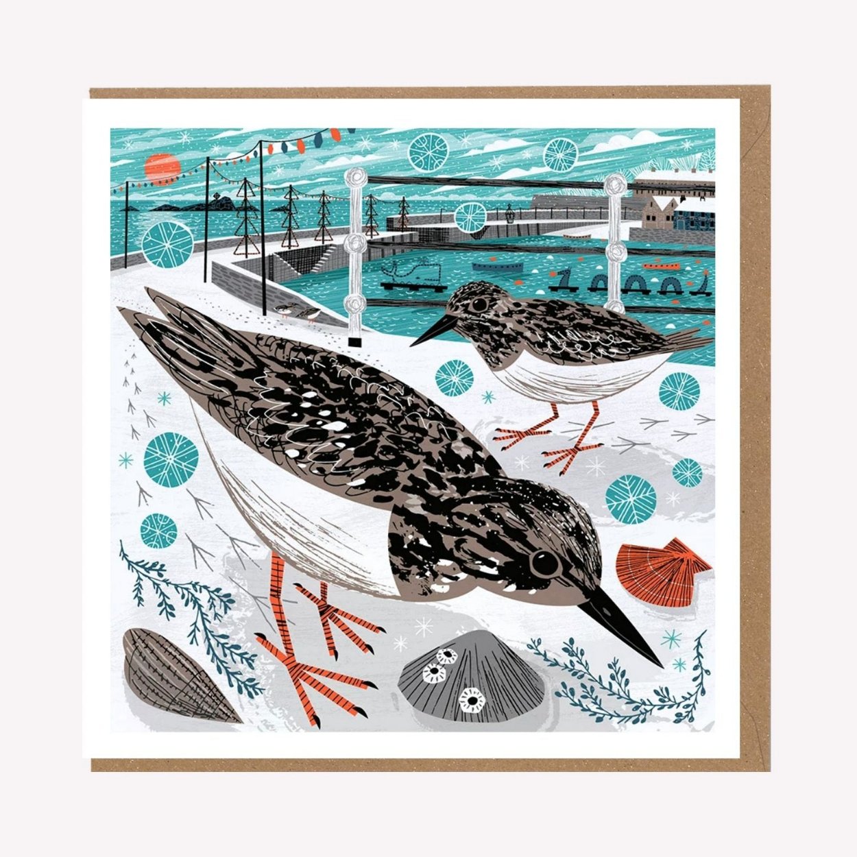 An illustrated greetings card by Matt Johnson, featuring his 'Mousehole Turnstones' Christmas artwork. The square card is paired with a kraft brown envelope.