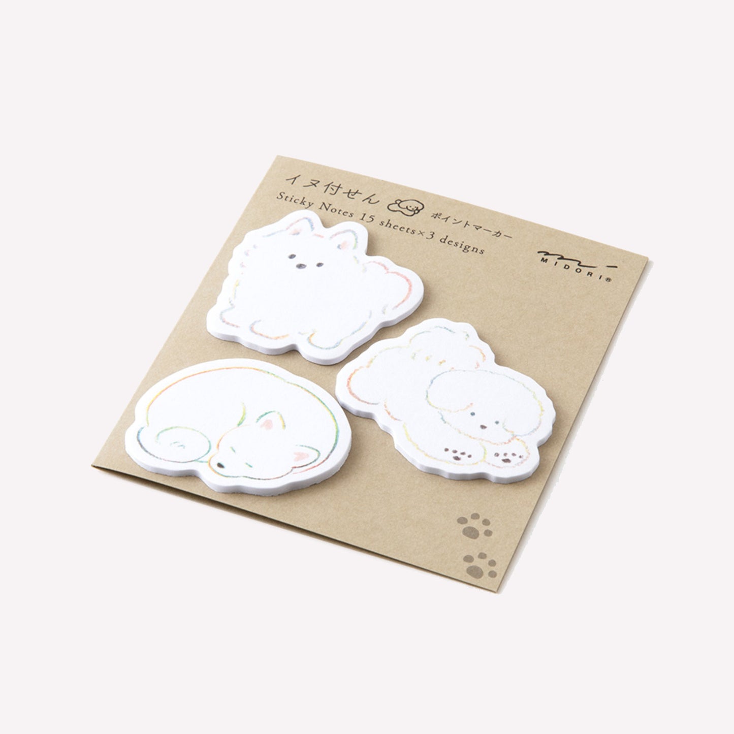 Trio of diecut dog sticky notes is a soft, hand drawn style, fixed onto a card backing. Made by midori. 