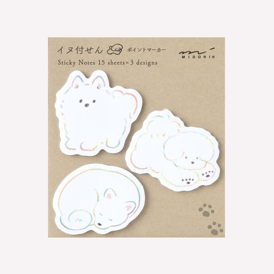 Trio of diecut dog sticky notes is a soft, hand drawn style, fixed onto a card backing. Made by midori. 