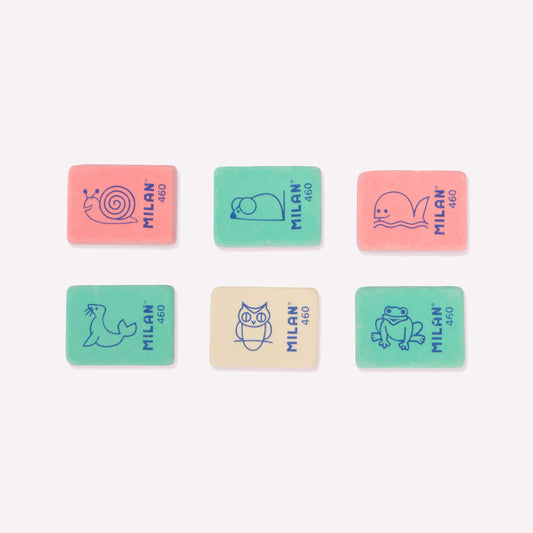 Retro style mini erasers by Milan, with 3 available colour options: mint, white and pink. Each eraser has a small animal illustration including a snail, mouse, whale, seal, owl or frog.