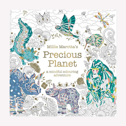 Cover of Millie Marotta's Precious Planet colouring book. The cover features several line drawings of endangered animals, including amountain Gorilla, Rhino, Hippo, Kiwi, Parrot and Axolotl. 