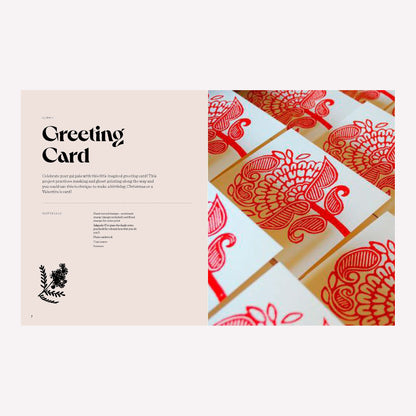 Inside “Modern Block Printing” by Rowan Sivyer. This double page spread gives you an introduction to the tools needed for printing a greetings card. 