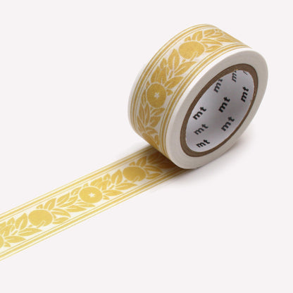 An open roll of MT's Orange Border Morris & Co artist washi tape with a vibrant pattern of fruit and leaves on an ivory background. Each roll is 20mm wide, with 7m of tape.