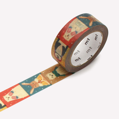 Open roll of MT Masking Tape's EX Winter Attire washi tape with a pattern of animals wearing coats, hats, mittens and scarfs, for festive bullet journalling, scrapbooking and crafting. 