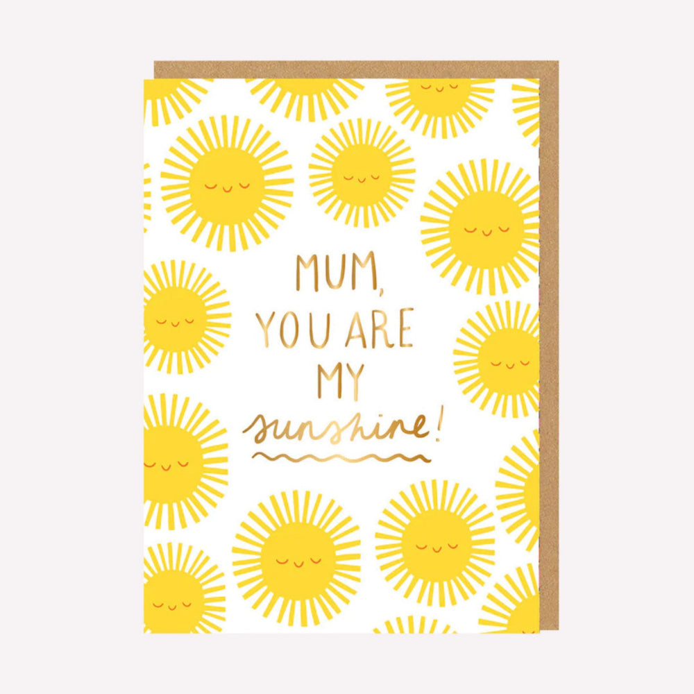 An illustrated Mother's Day card by Ohh Deer. This card features a pattern of yellow suns, with text in the middle that reads “Mum, You Are My Sunshine!”.