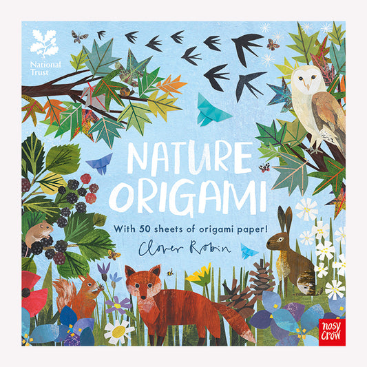 Book cover titled "Nature Origami" by Clover Robin. The title is surrounded by paper-cut artwork, including an owl, fox, rabbit, squirrel, trees and flowers.