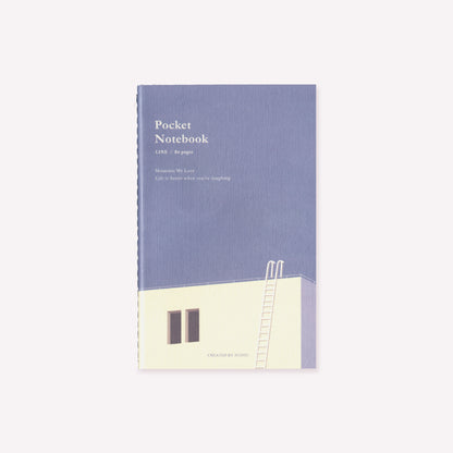 A blue 'Rooftop' design stitch-bound pocket notebook by Korean stationery brand Iconic. Text on the front of the notebook indicates 80 lined pages inside.