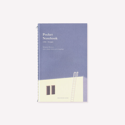 Iconic pocket stitchbound notebook with an blue cover illustrated with a rooftop scene. Lined pages inside. 