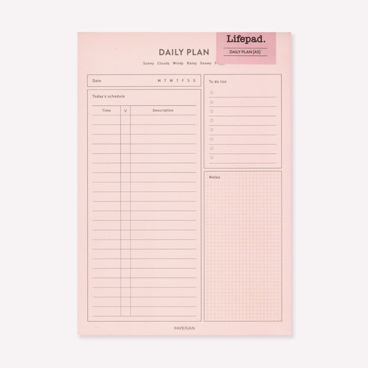 Paperian pink Lifepad Daily Planner Notepad with boxes to write a schedule, to do list and grid section for notes. 
