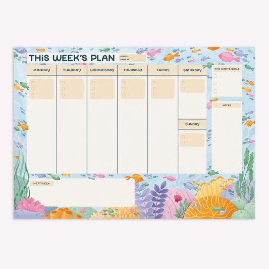 Nyassa HInde Illustration This Week's Plan daily planner with a coral reef design behind boxes to write your tasks for each day, as well as room for notes and goals. 