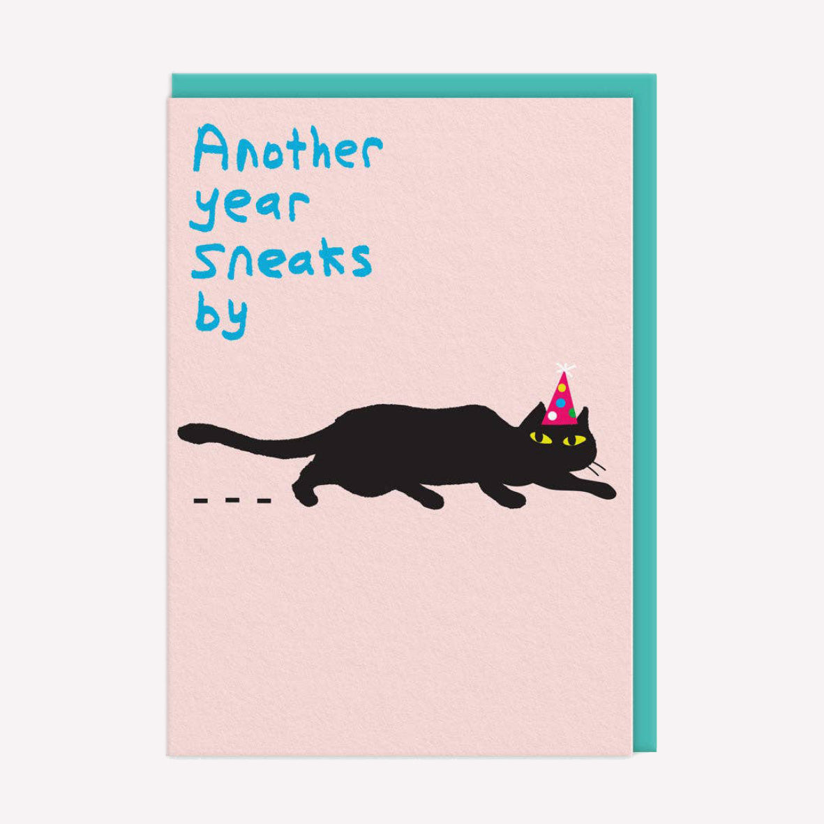 A funny birthday card by branddave, printed by Ohh Deer. This card features an illustration of a black cat sneaking along, with text that reads “Another Year Sneaks By”.