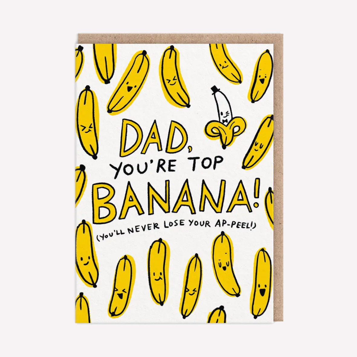 Ohh Deer Fathers Day Greetings card featuring a pattern of bananas and hand lettered text reading "dad, you're a top banana! (you'll never lose your ap-peel)"