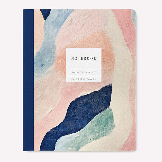 Ohh Deer Kaleido exercise book with a soft flexible cover featuring an abstract painterly design of textured pink and blue waves. Notebook contains 64 lined pages. 