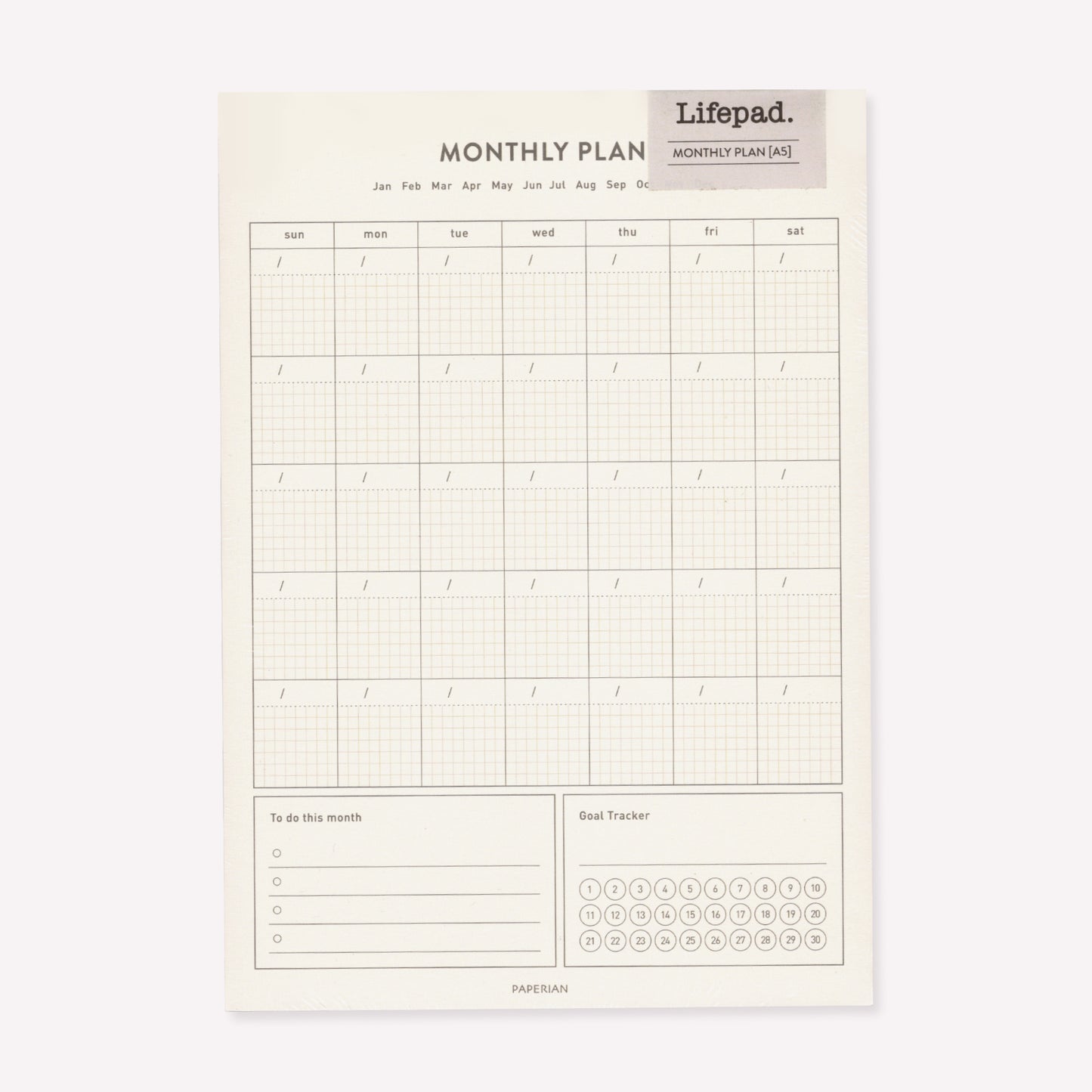 Paperian Lifepad  monthly tear-off desk planner with a minimal calendar layout, to do list and habit tracker. 