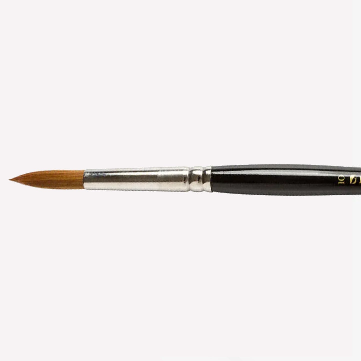 Pro Arte’s Prolene round paintbrush in size 101-10. Brushes have synthetic bristles, an ergonomic black handle and a silver ferrule. 