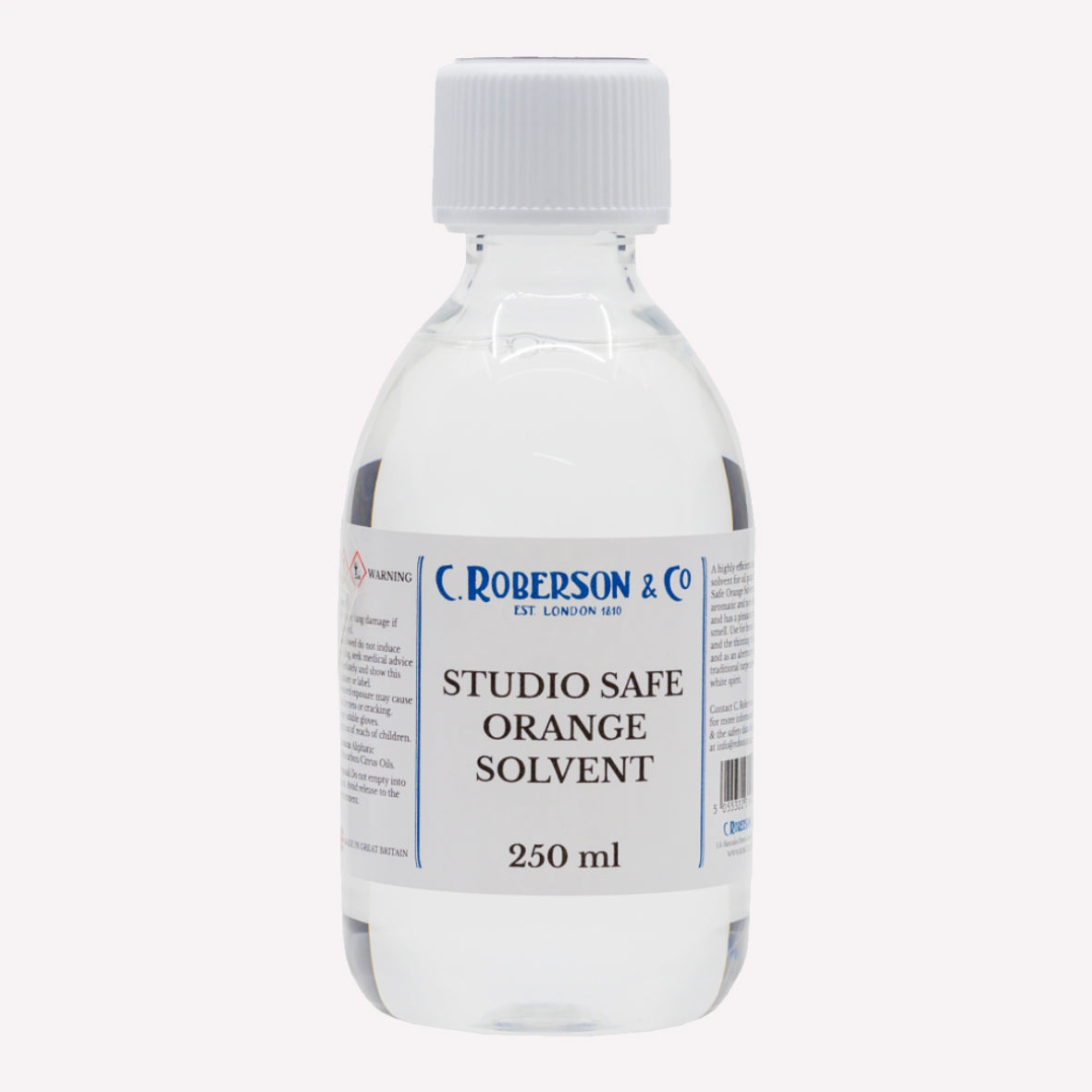 Robersons Studio Safe Orange Solvent packaged in a clear bottle, used for brush cleaning and thinning oil-based paints. 