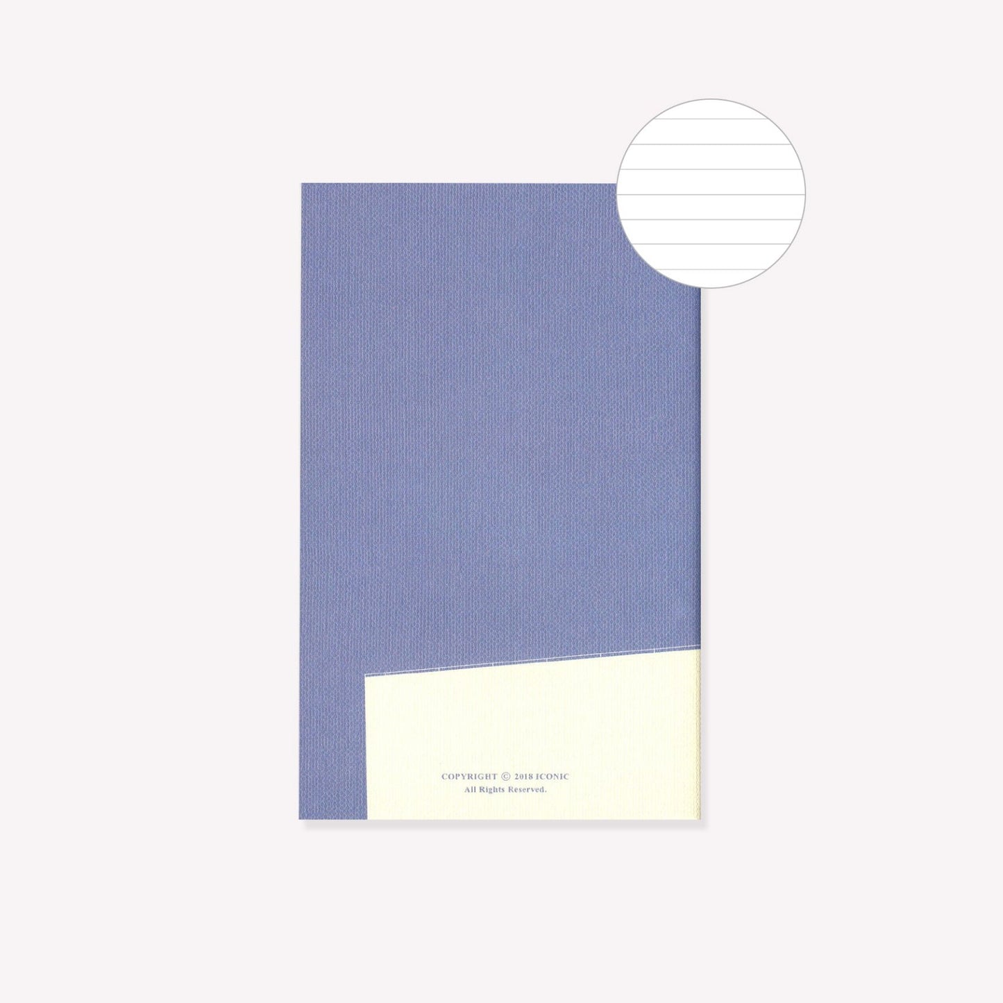 The back of the blue 'Rooftop' design notebook by Iconic. A circular graphic indicates lined pages inside.