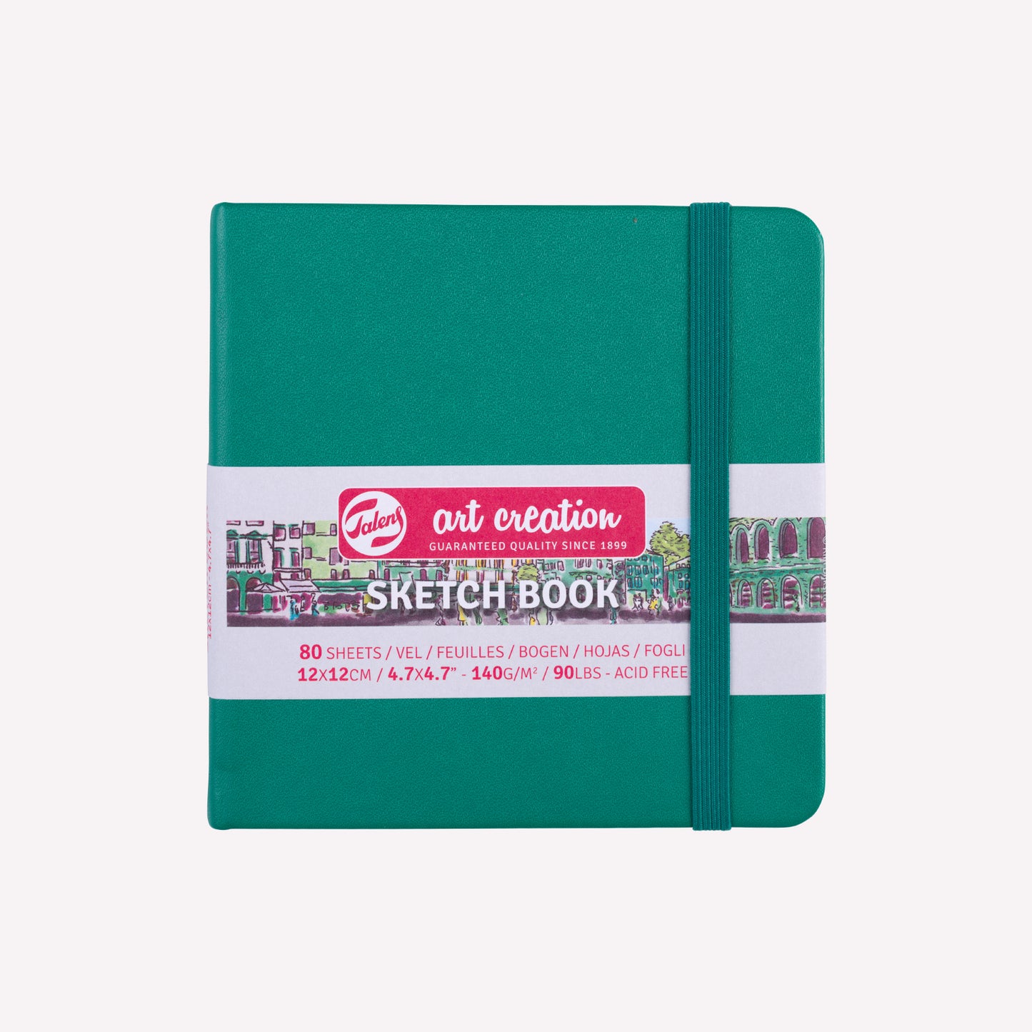 Royal Talens Art Creation pocket sized sketchbook with a sturdy Forest Green imitation-leather cover in size 12x12cm.