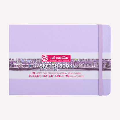 Royal Talens Art Creation landscape sketchbook with a sturdy Pastel Violet imitation-leather cover in size 21x14.8cm. 