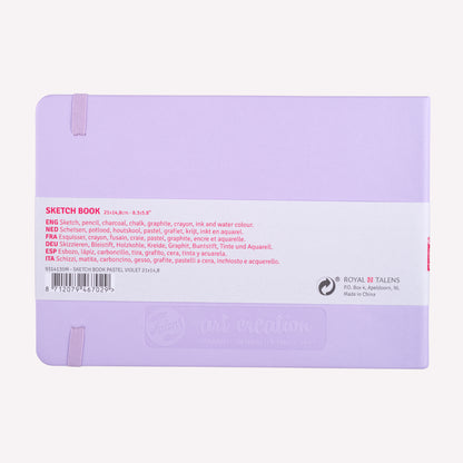 Back of Royal Talens Art Creation landscape sketchbook with a sturdy Pastel Violet imitation-leather cover in size 21x14.8cm. 