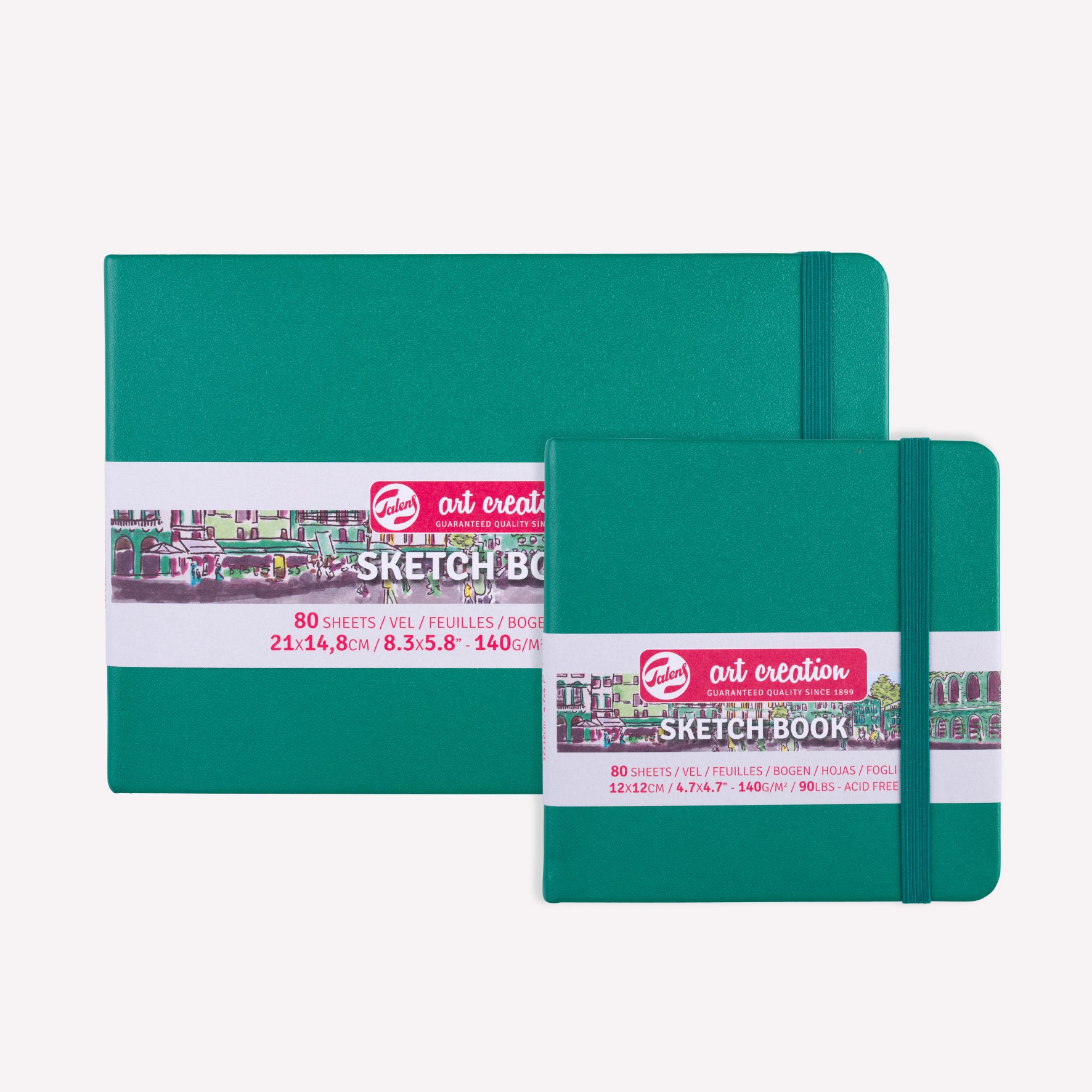 Royal Talens Art Creation Sketchbooks with a sturdy Forest Green imitation-leather cover, available in 21x14.8cm and 12x12cm.