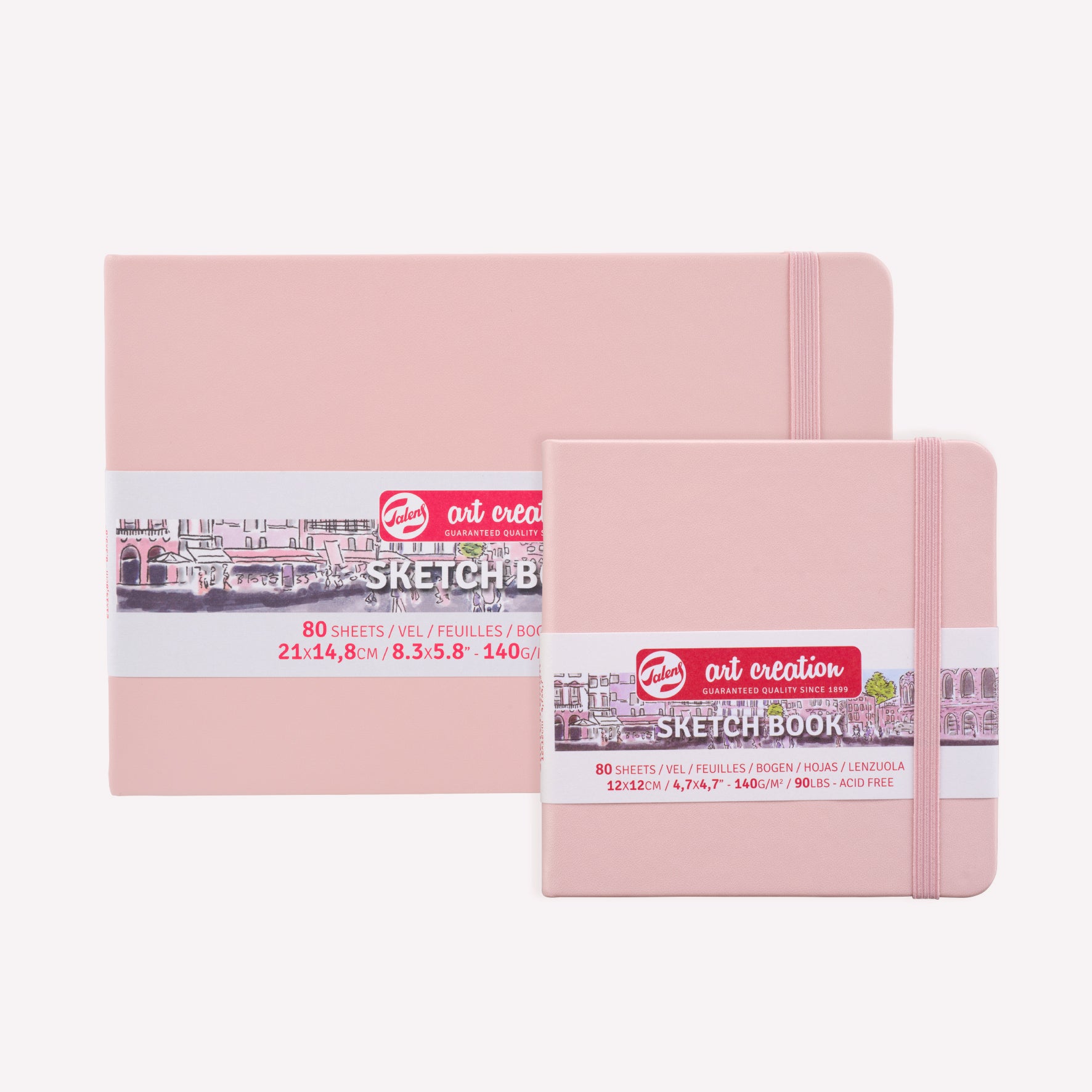 Royal Talens Art Creation Sketchbooks with a sturdy Pastel Pink imitation-leather cover, available in 21x14.8cm and 12x12cm.