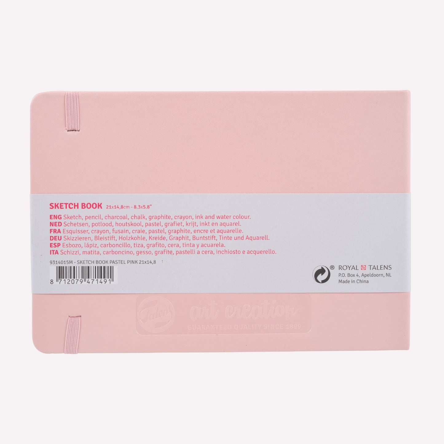 Back of Royal Talens Art Creation landscape sketchbook with a sturdy Pastel Pink imitation-leather cover in size 21x14.8cm. 