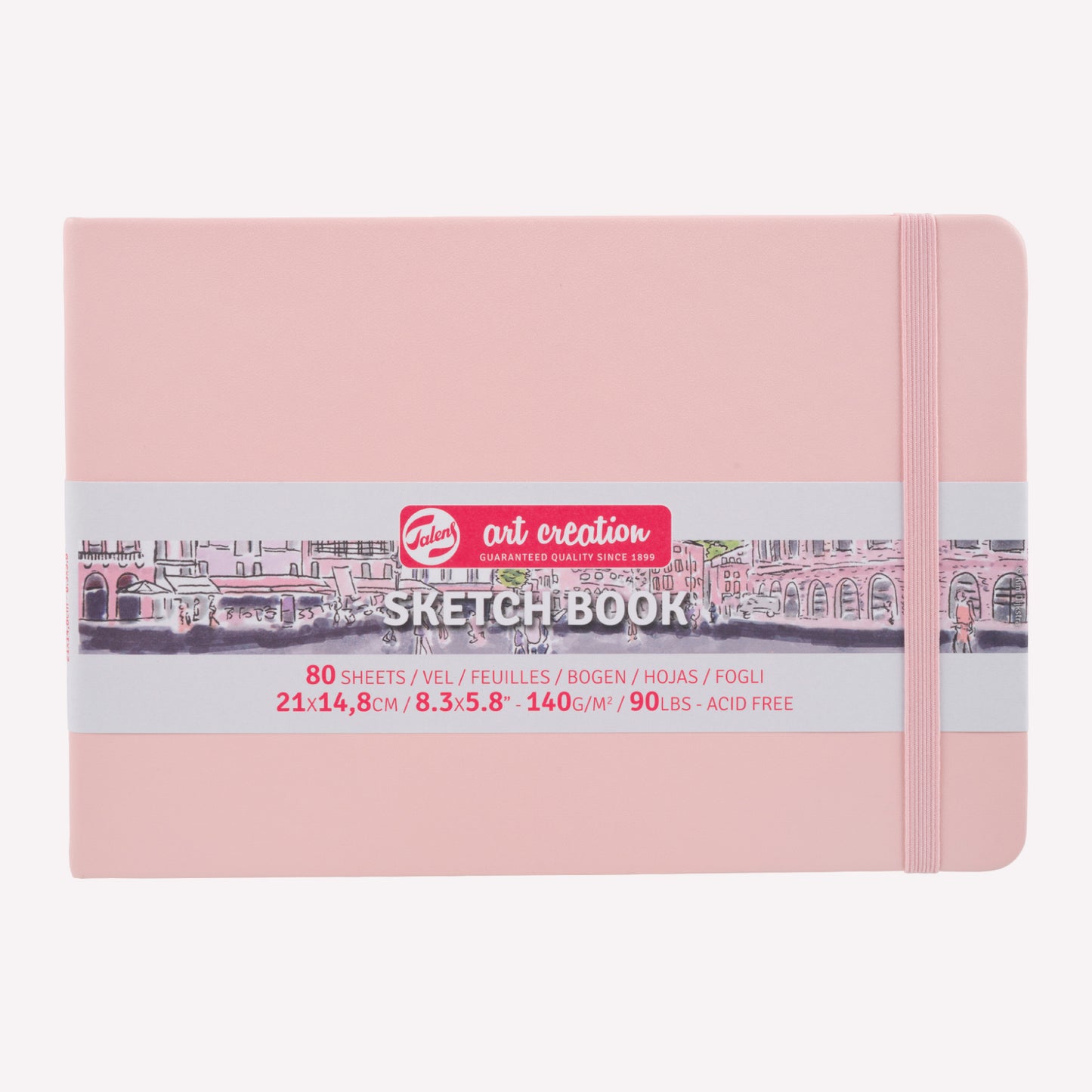 Royal Talens Art Creation landscape sketchbook with a sturdy Pastel Pink imitation-leather cover in size 21x14.8cm. 